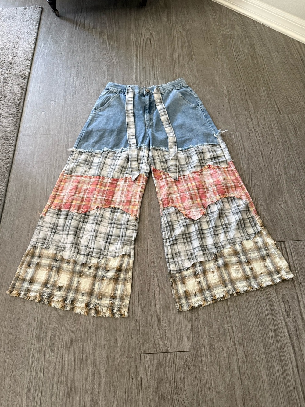 POL Light Blue Denim & Plaid Patchwork Pants NWOT